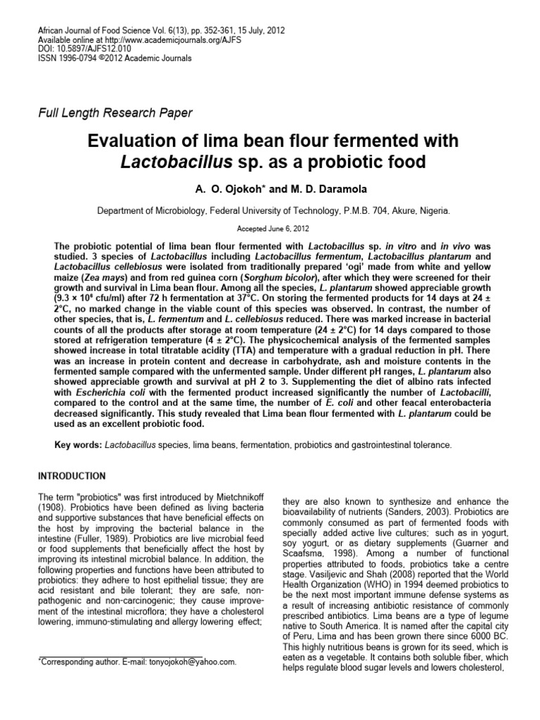 Evaluation of Lima Bean Flour Fermented With Lactobacillus Sp. As A Probiotic Food PDF