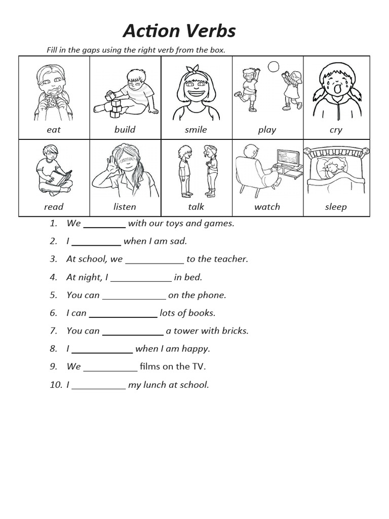 Action Verbs Fill-in-the-Blanks Worksheet | PDF | Language Arts ...