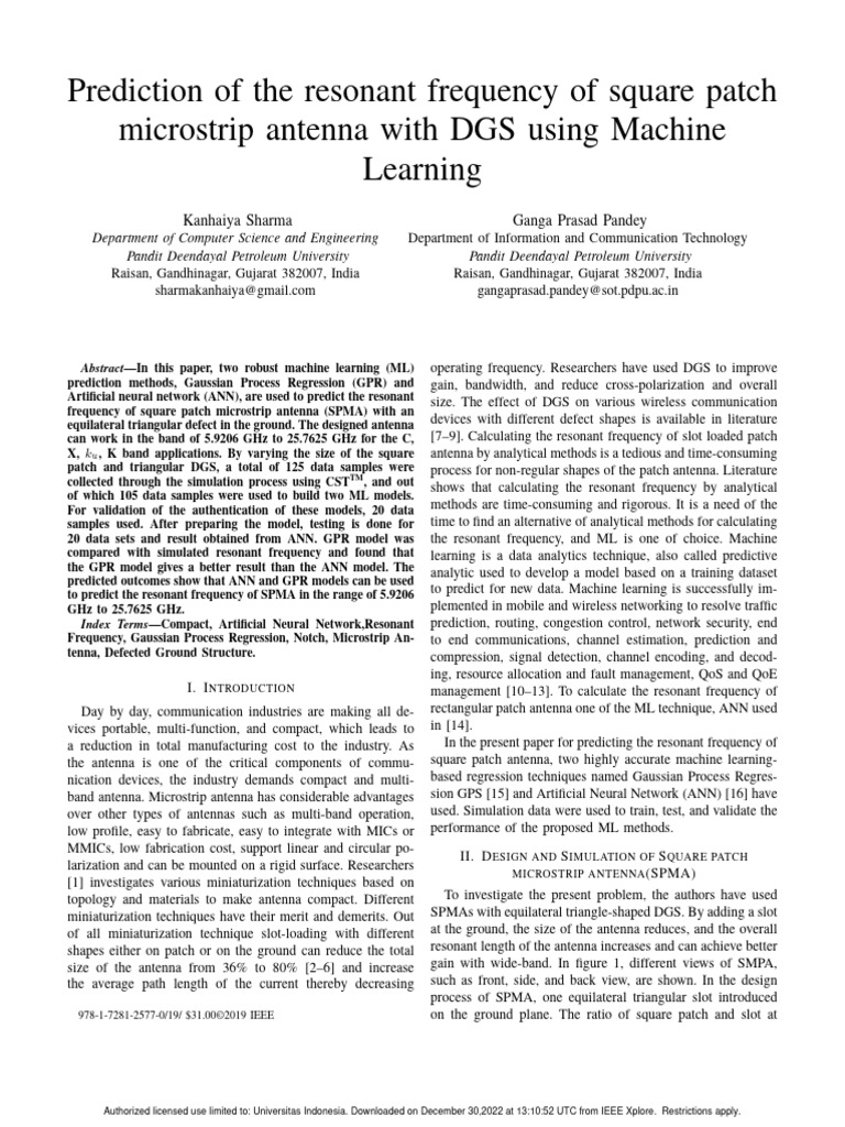 Prediction of The Resonant Frequency of Square Patch Microstrip Antenna