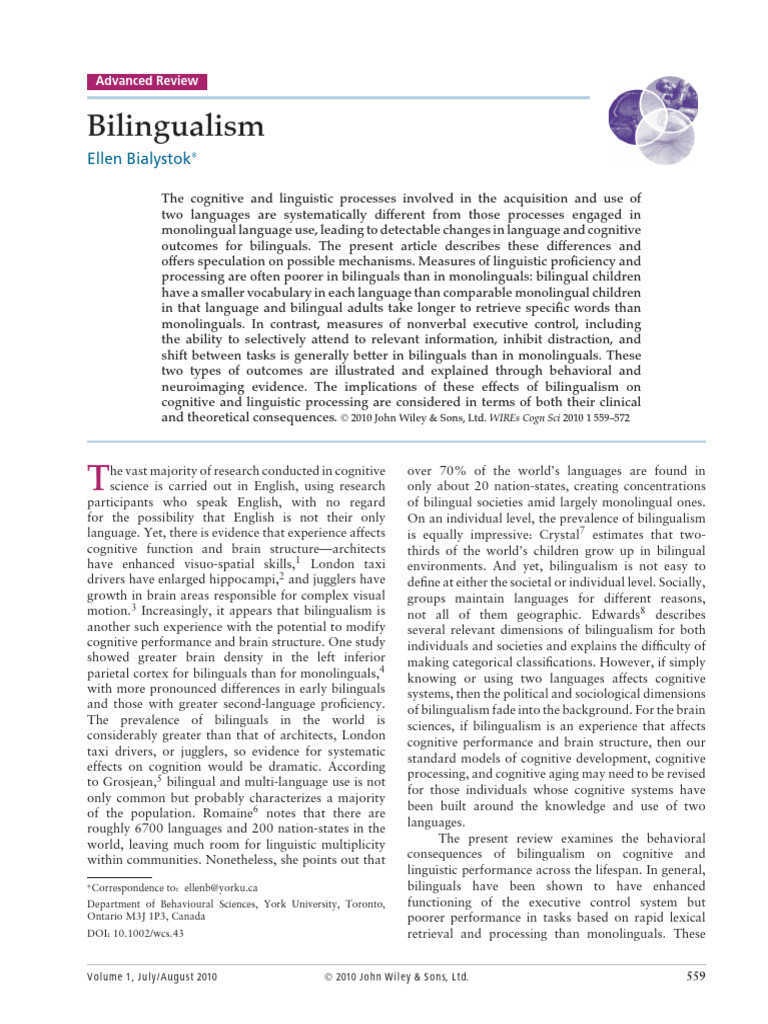 Bilingualism Ellen (2010) | PDF | Multilingualism | Executive Functions