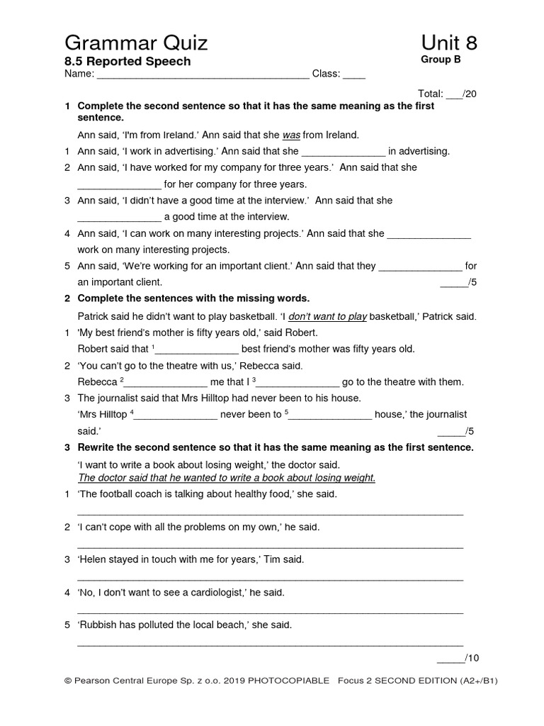 Focus 2 Unit 8 Reported Speech Quiz | PDF
