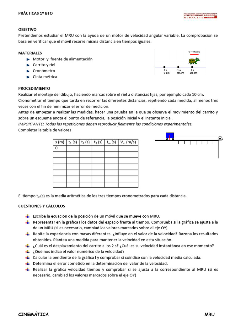 Estudio del MRU en Prácticas 1º BTO | PDF
