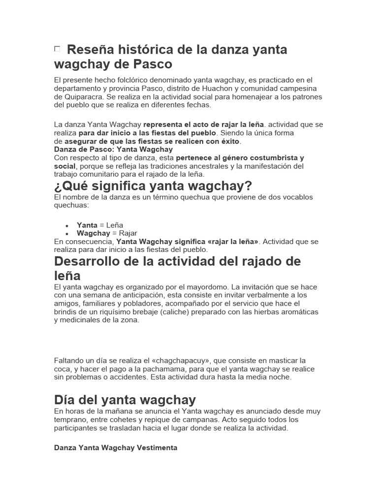 Reseña de la danza Yanta Wagchay | PDF