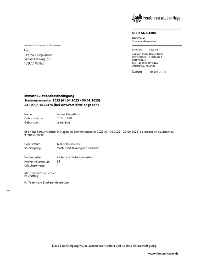 Immatrikulationsbescheinigung Regensburg AAMGV