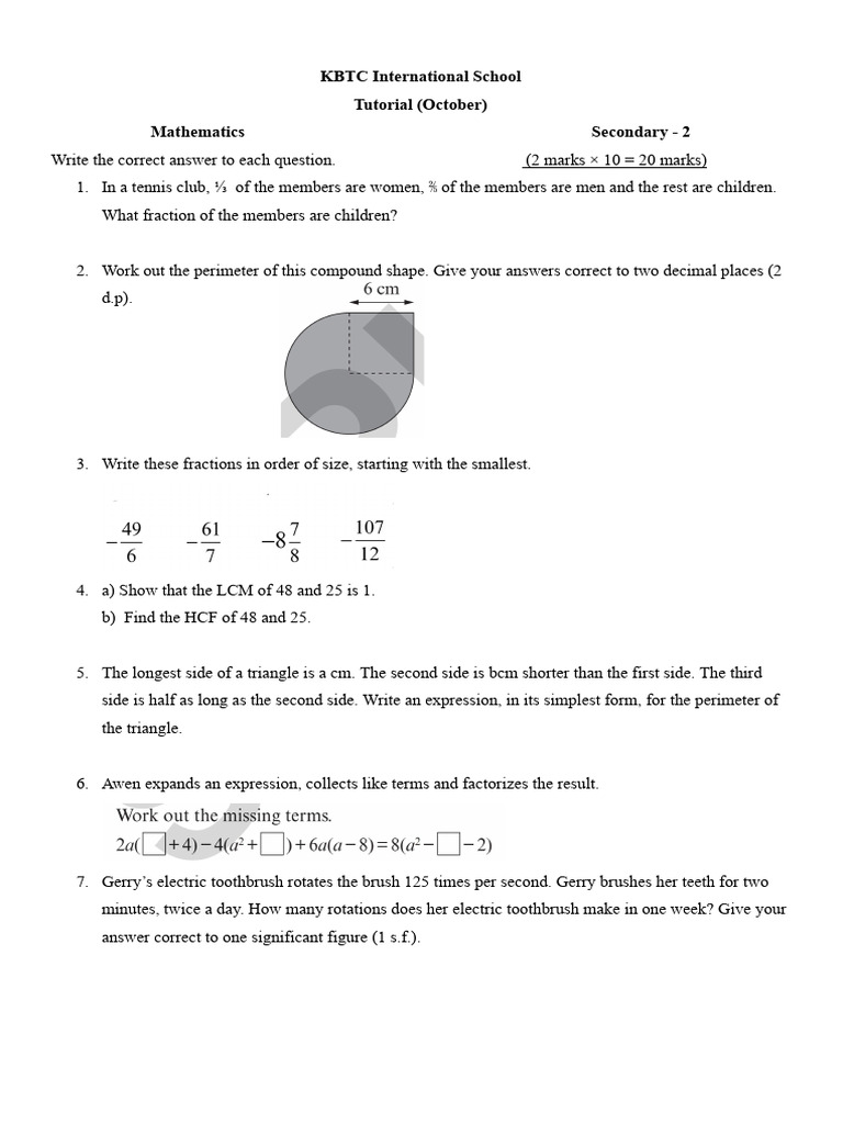 Kbtc international school tutorial october mathematics secondary 2