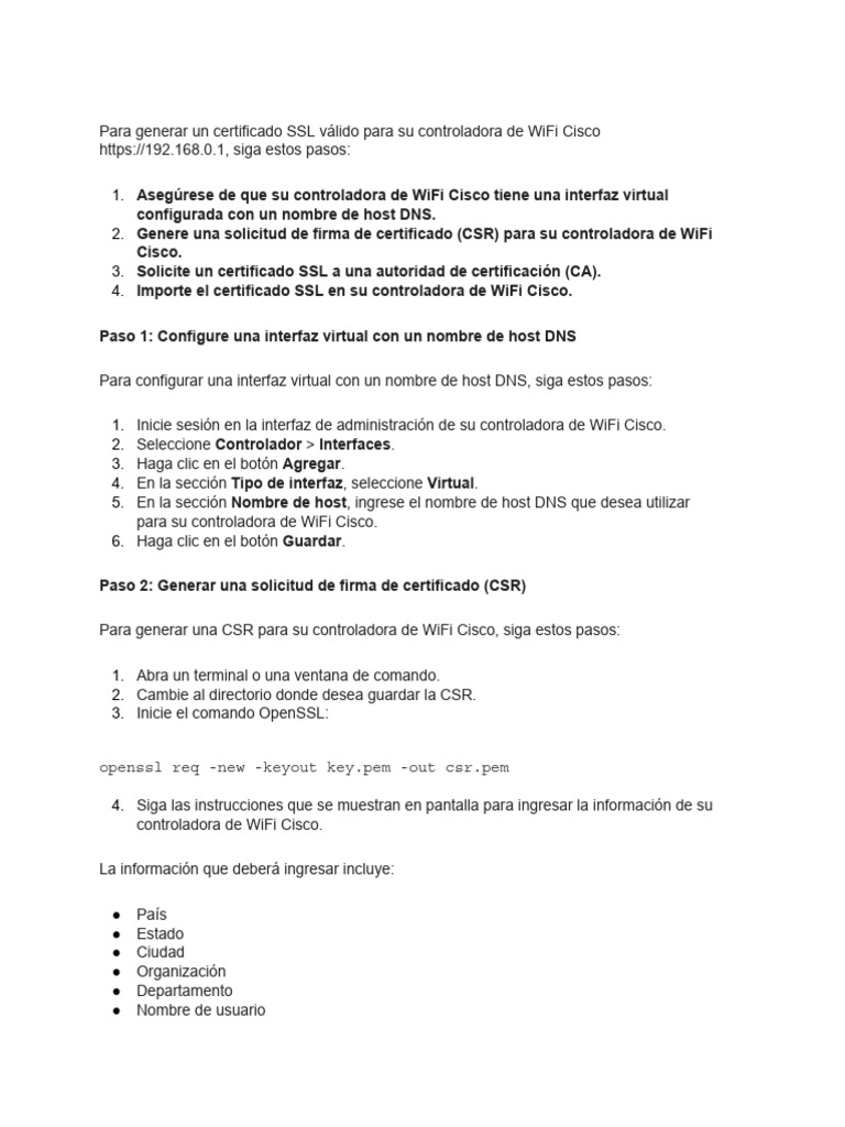 Como puedo generar un certificado ssl valido para mi controladora de