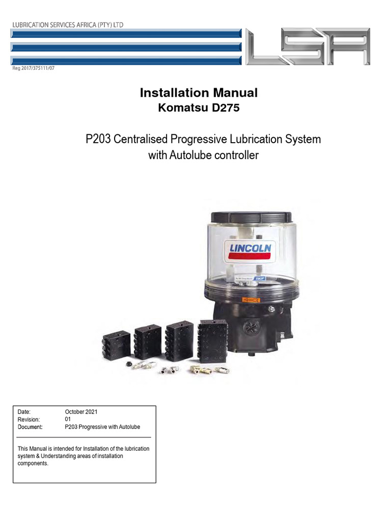 Komatsu D275 Dozer Installation Manual P203 progessive with Autolube