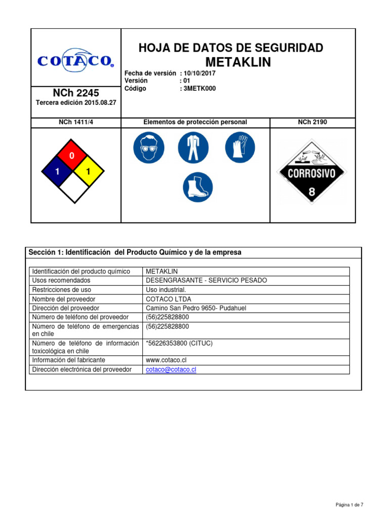 Hoja de Seguridad: Metaklin FDS | PDF | Quemar | Agua