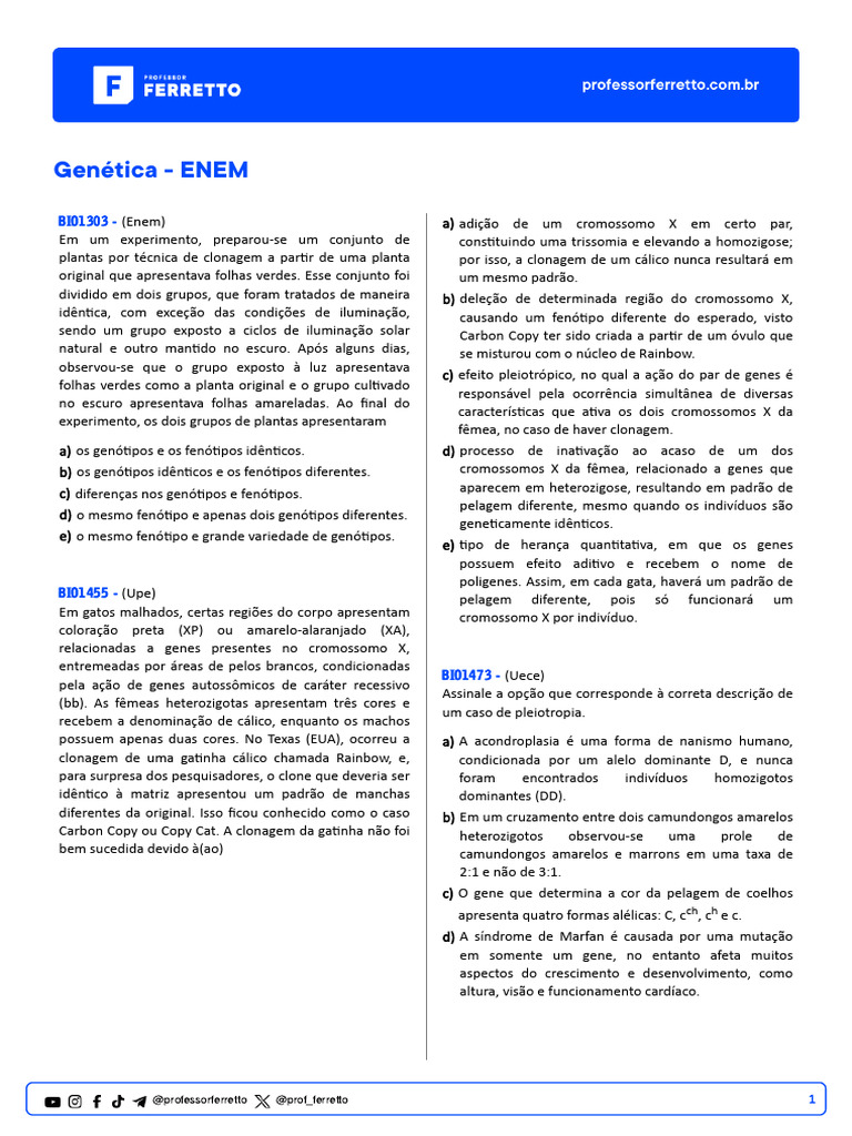 Questões de Genética para o ENEM | PDF | Dominância (genética) | Alelo
