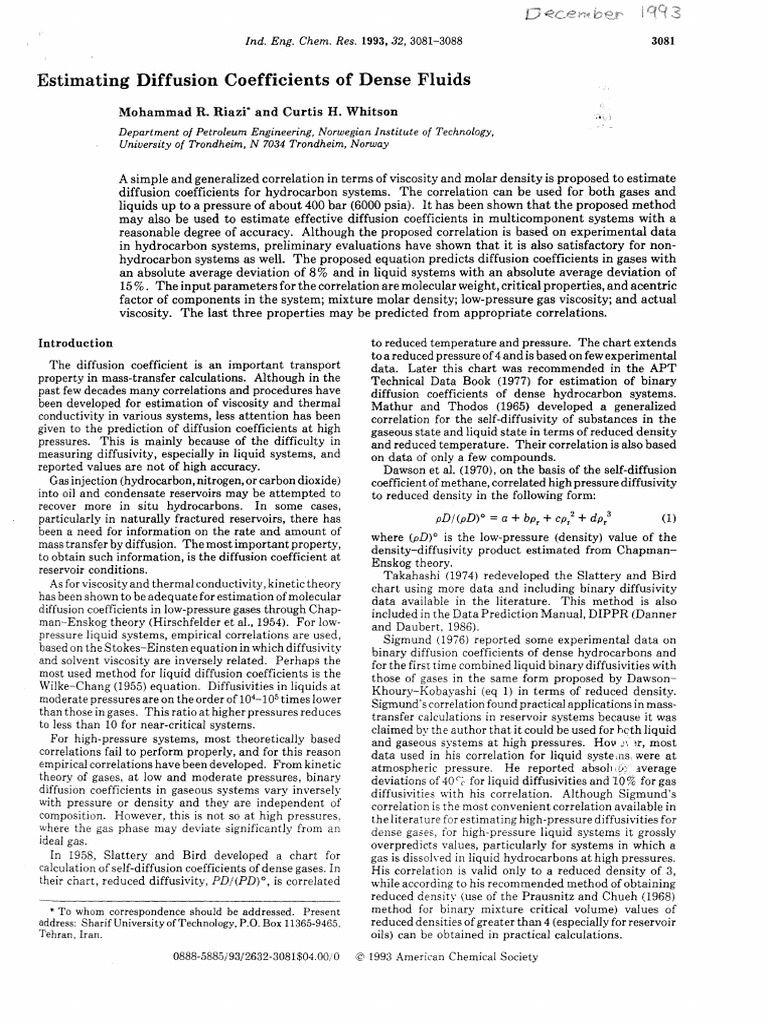 Estimating Diffusion Coefficients in Fluids | PDF | Viscosity | Gases