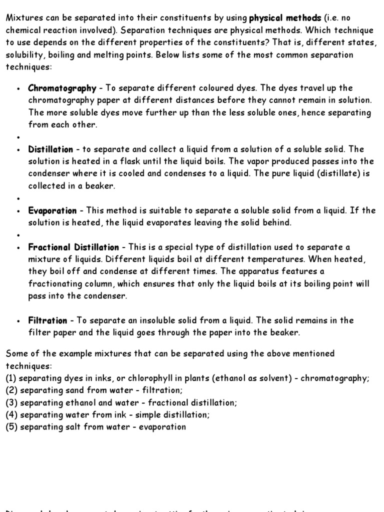 Methods for Separating Mixtures | PDF | Distillation | Solubility