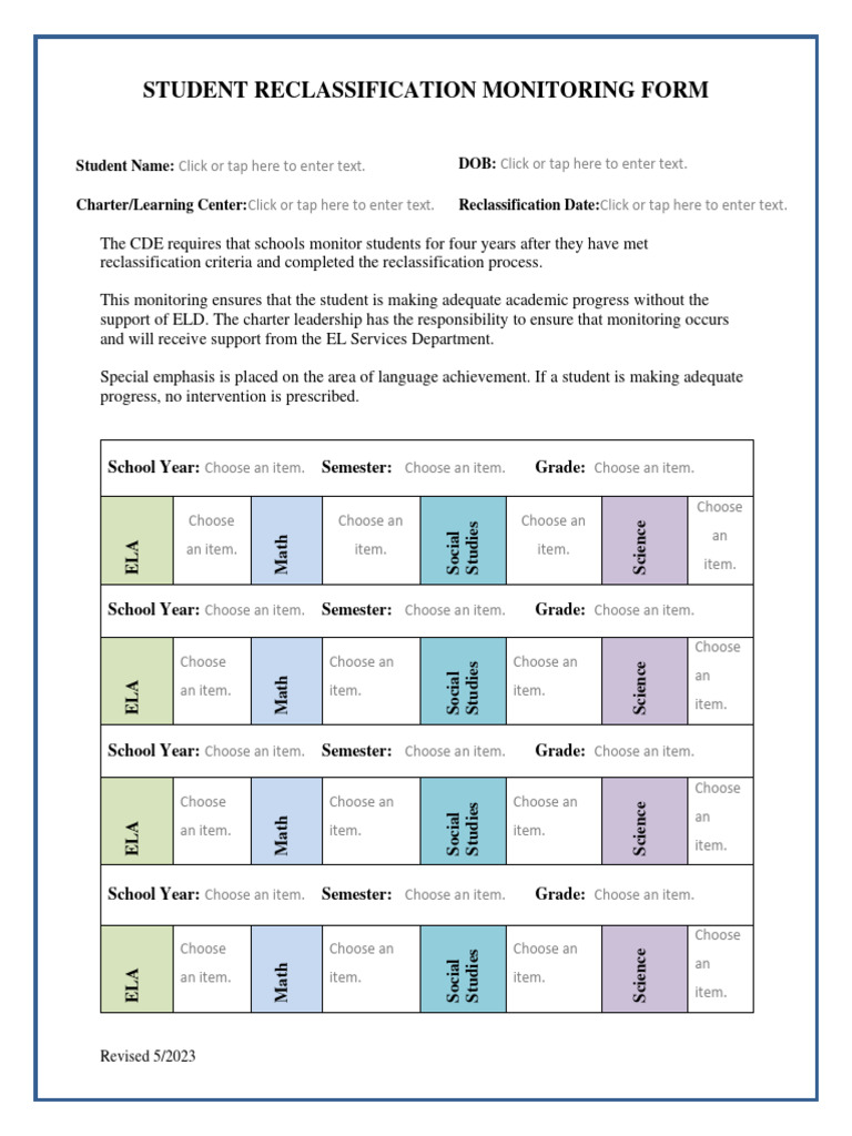 Student Reclassification Monitoring Form | PDF