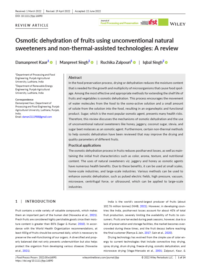 Osmotic Dehydration of Fruits Review | PDF | Sucrose | Osmosis