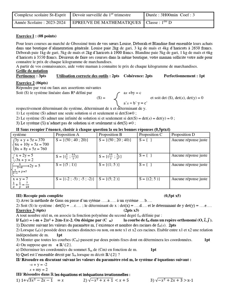 Épreuve de Mathématiques 1ère D | PDF | Équations | Mathématiques appliqués