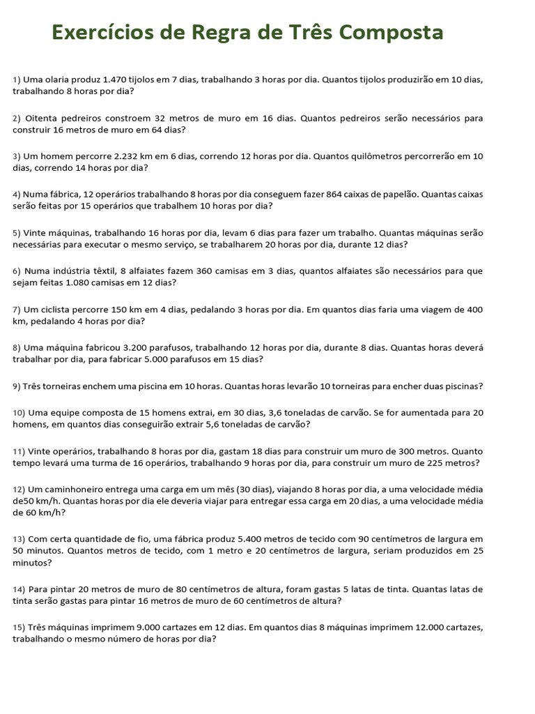 Exercícios de Regra de Três Composta | PDF | Casa e Jardim
