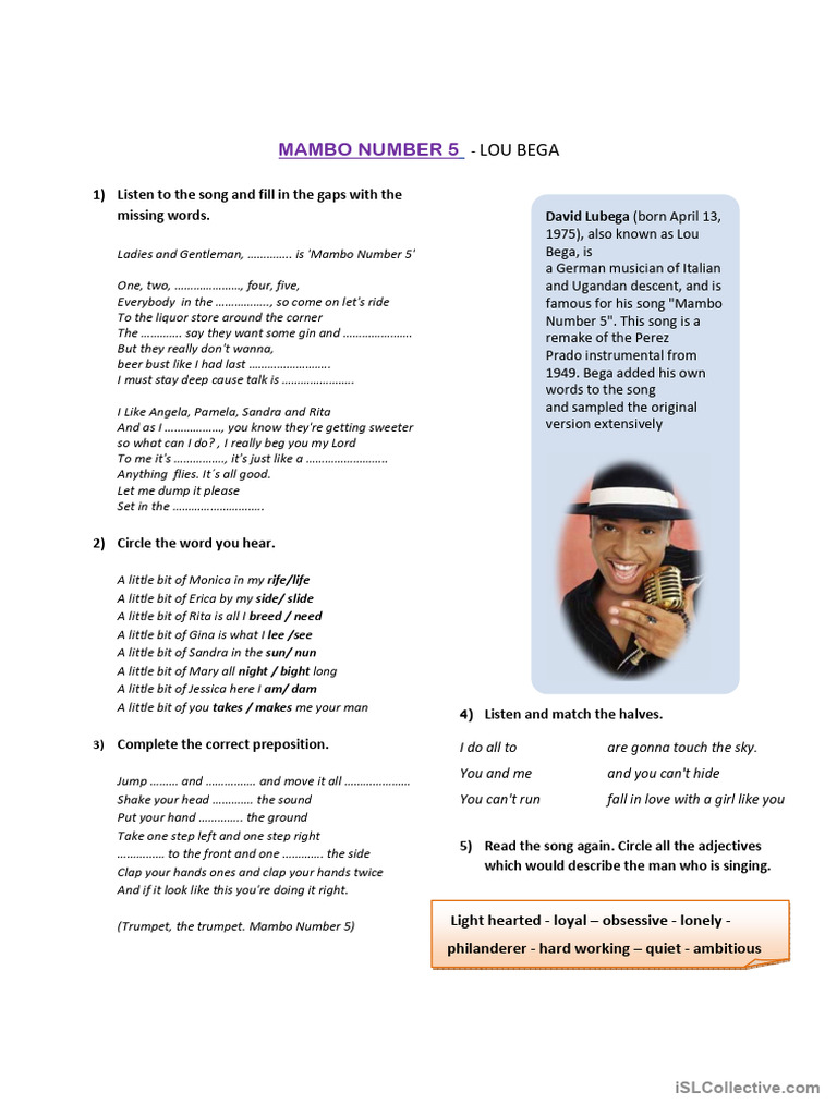 Mambo Number 5 Lyrics and Activities | PDF | Spanish Language Music ...
