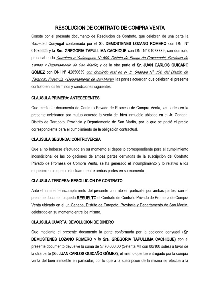 Acuerdo de Resolucion de Compra Venta - Marlon Lozano | PDF | Justicia ...