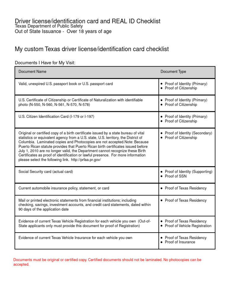 Driver License/identification Card and REAL ID Checklist Out of State