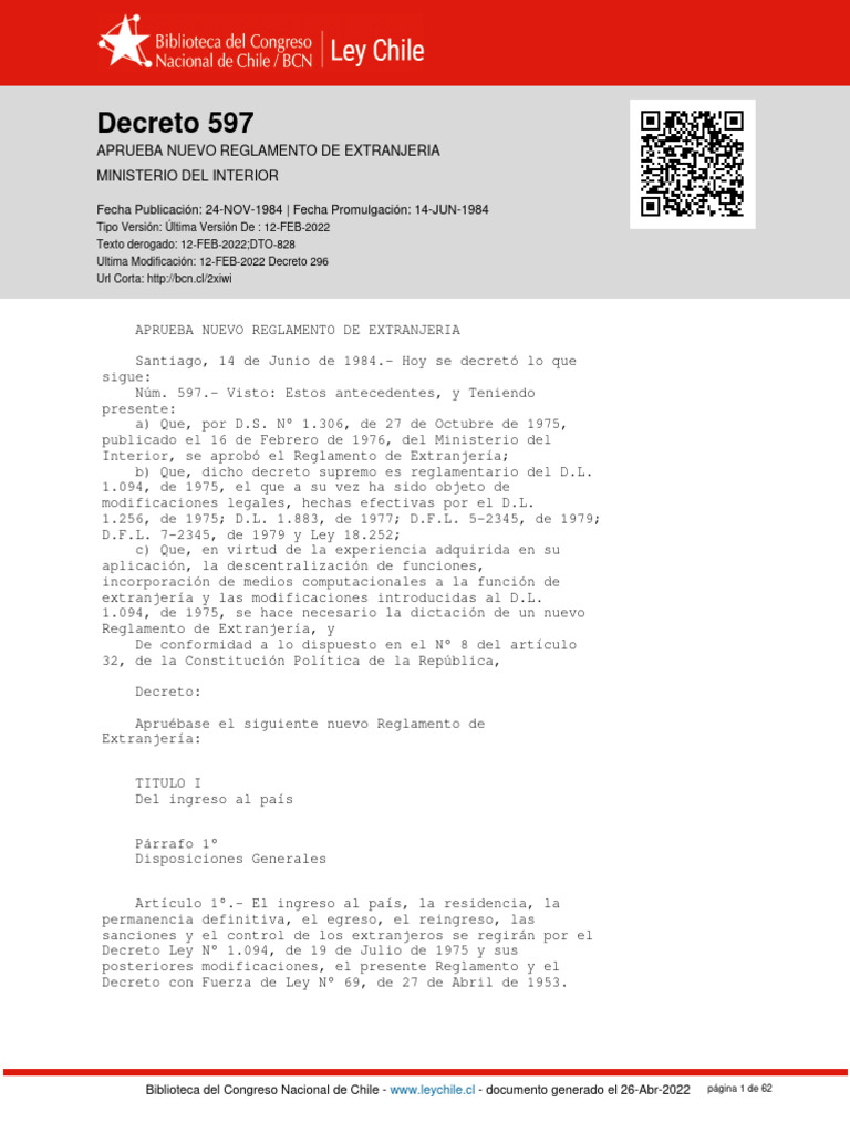 Dto 597 - 24 Nov 1984 | PDF | Visa de viaje | Chile