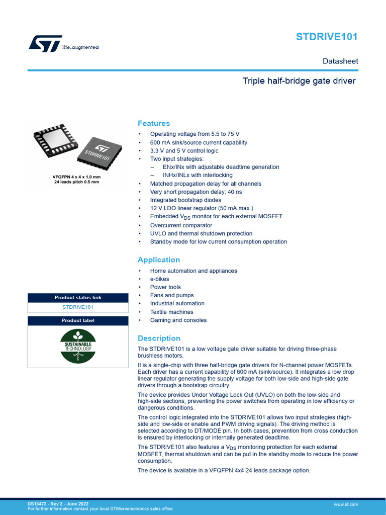 STDRIVE101 Triple Half-Bridge Driver | PDF | Field Effect Transistor ...