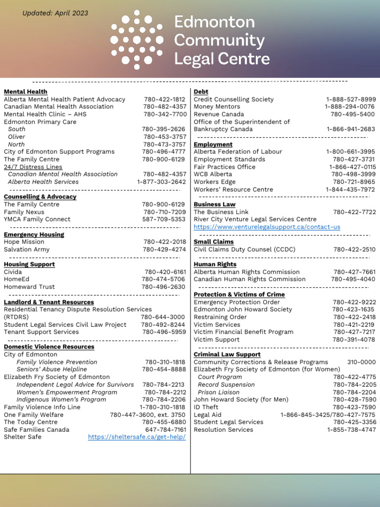 Edmonton Assistance Phone Numbers PDF Alberta Family