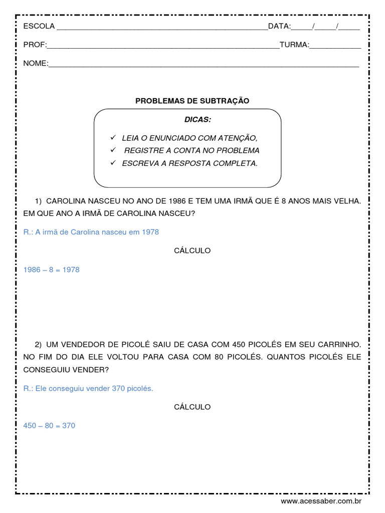 Problemas de Subtração para 4º e 5º Ano | PDF | Casa e Jardim
