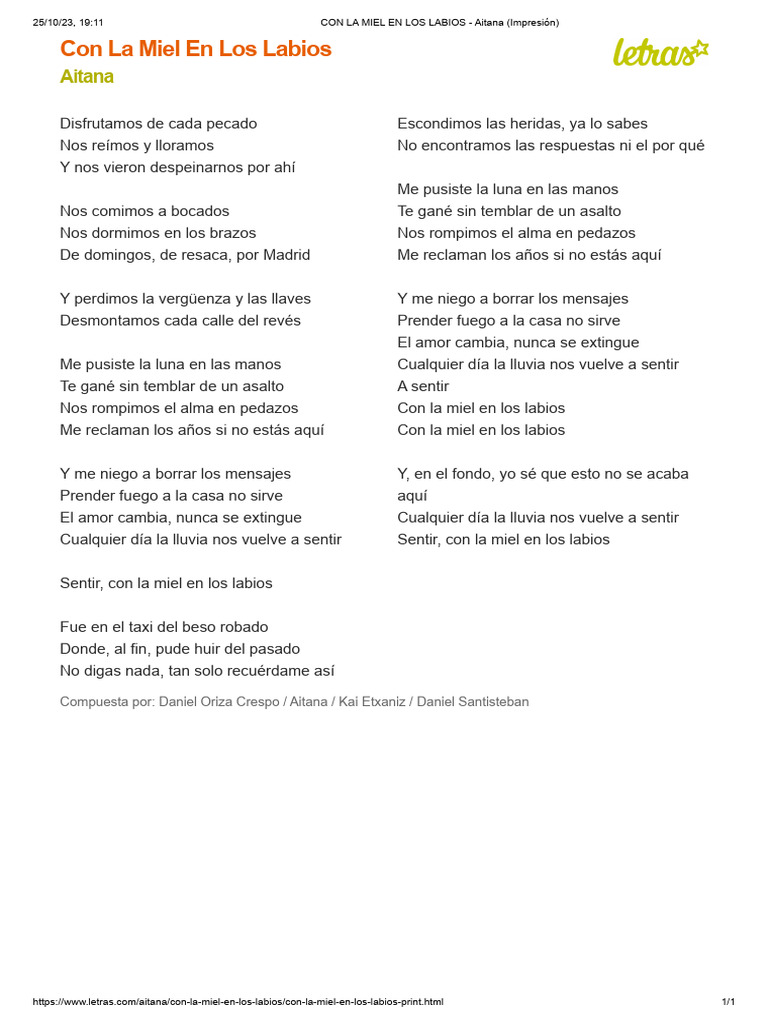 CON LA MIEL EN LOS LABIOS - Aitana (Impresión) | PDF