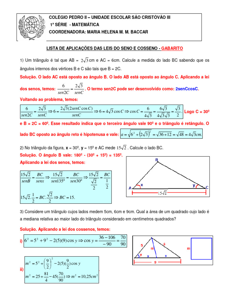 Exercícios Resolvidos - Lei Dos Senos e Cossenos | Download grátis PDF ...