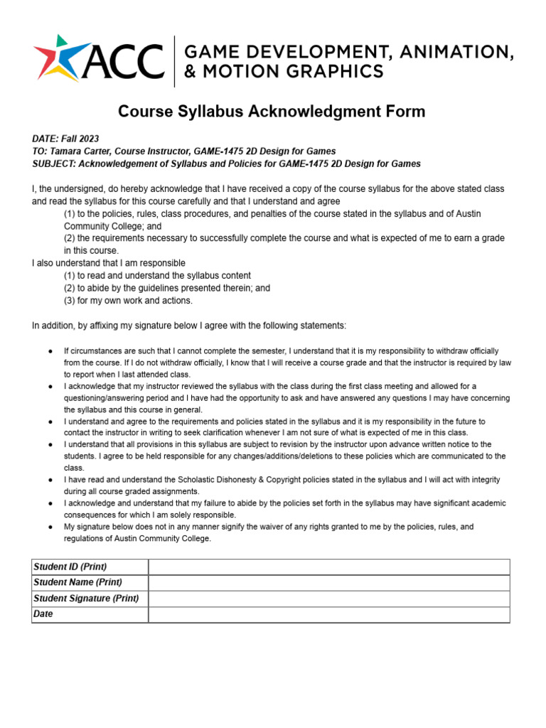 GAME-1475 Syllabus Acknowledgment Form | PDF | Government | Justice