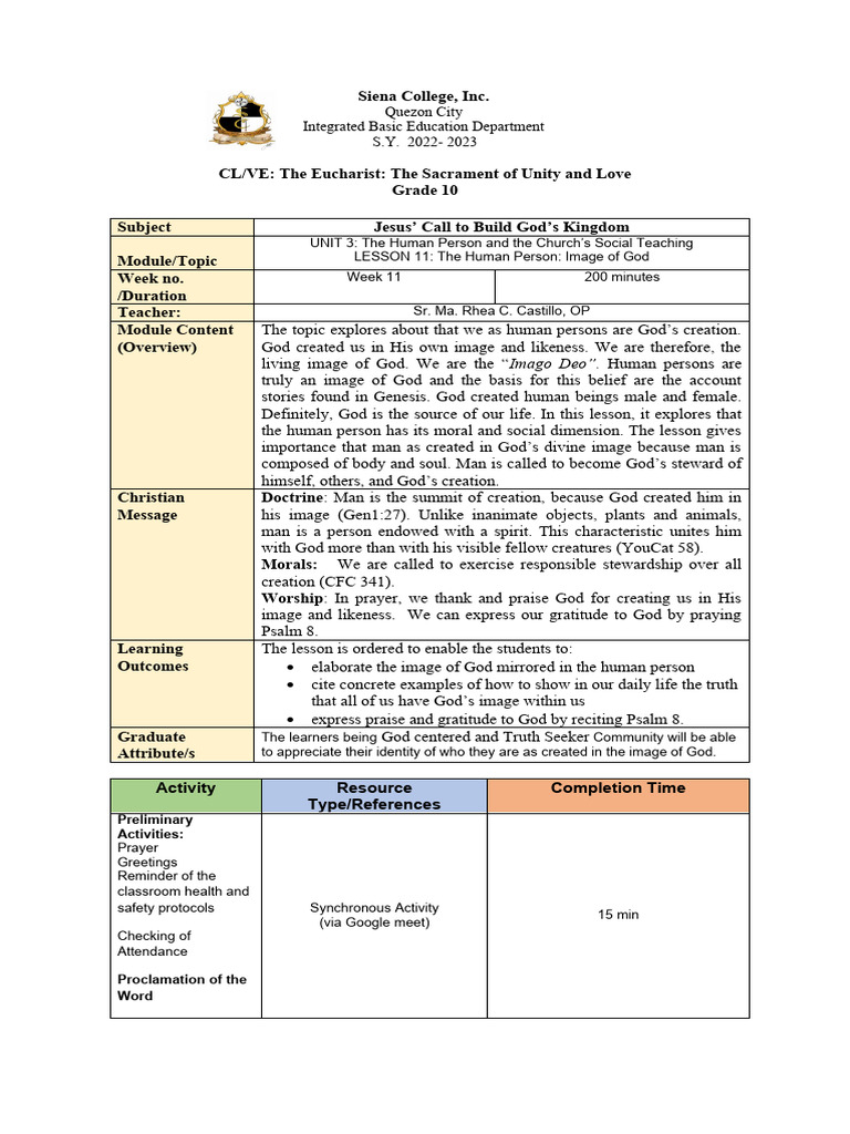 Sample learning plan grade 10 lesson 11 the human person image of god
