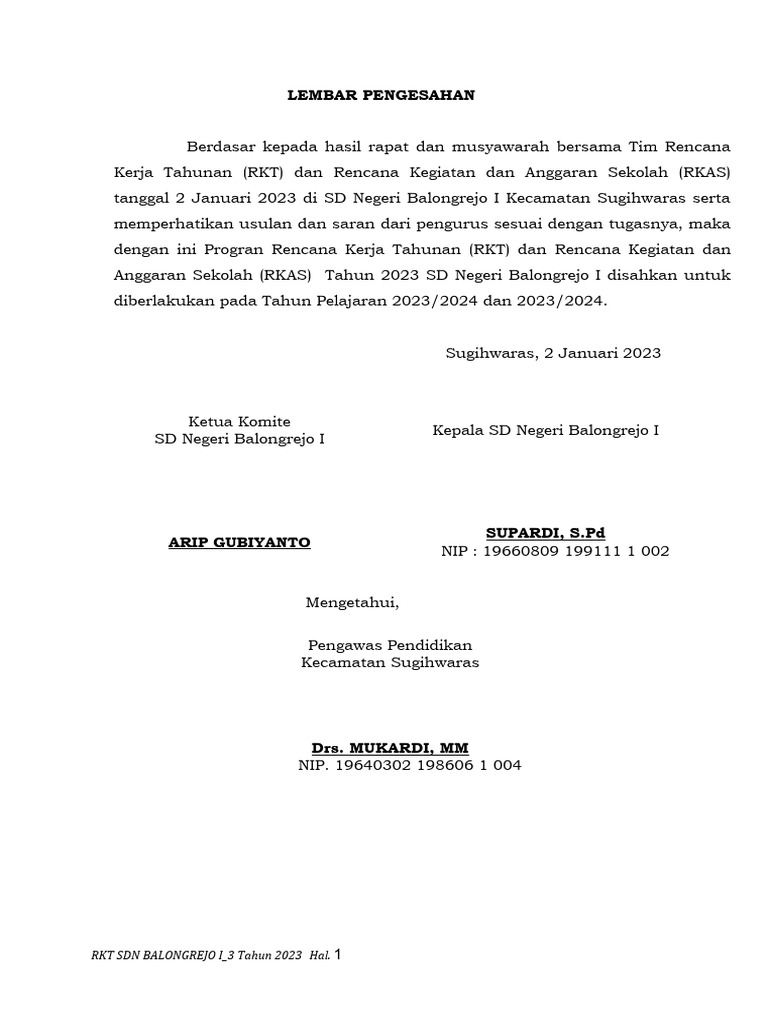 RKT dan RKAS SDN Balongrejo I 2023 | PDF | Karier & Perkembangan | Bisnis