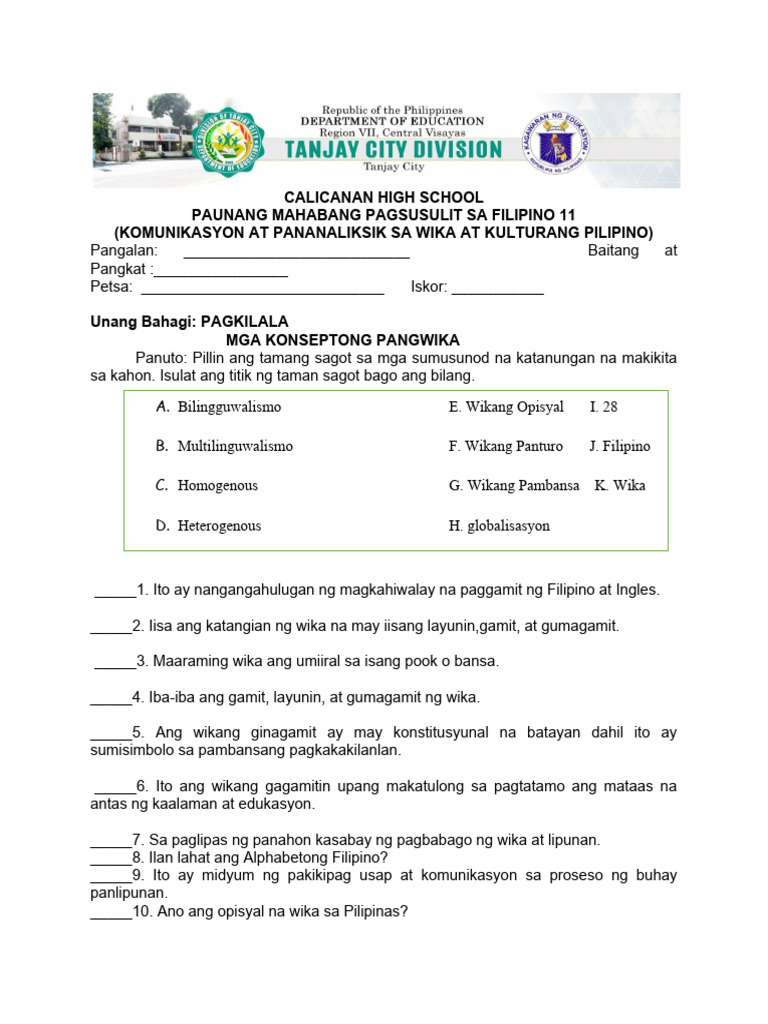 Filipino 1ST Exam | PDF