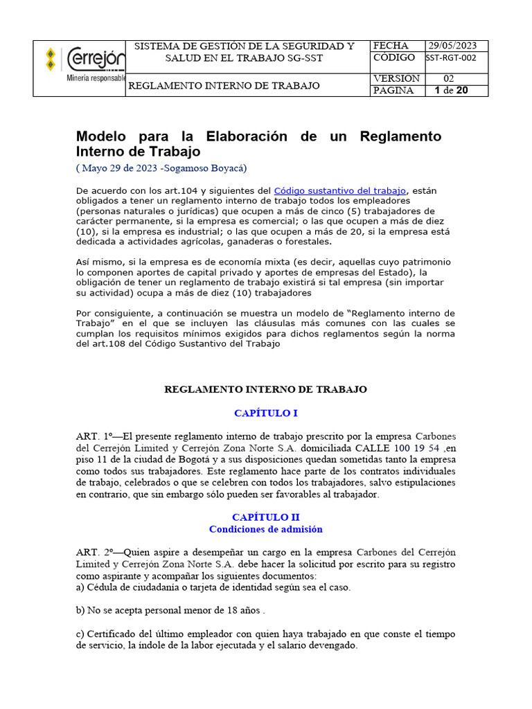 SST-RGT-02 Reglamento Interno | PDF | Salario | Derecho laboral