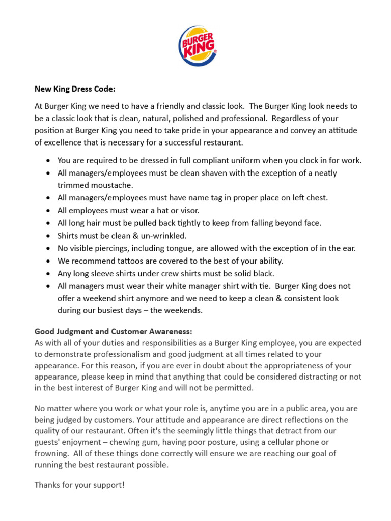 Burger King Employee Dress Code 2025 | PDF | Business