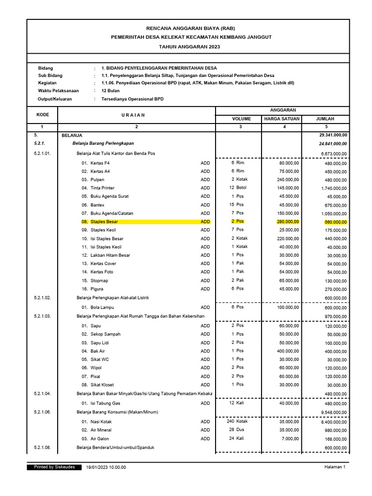RAB Operasional BPD 2023 Desa Kelekat | PDF
