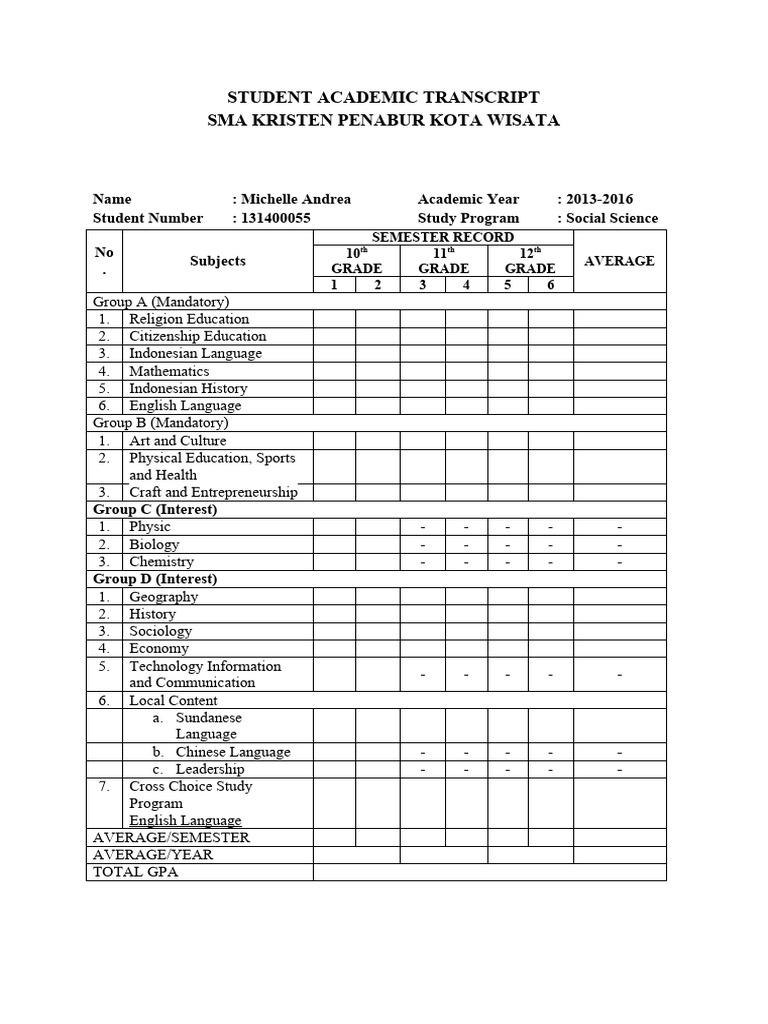Template Student Academic Transcript | PDF