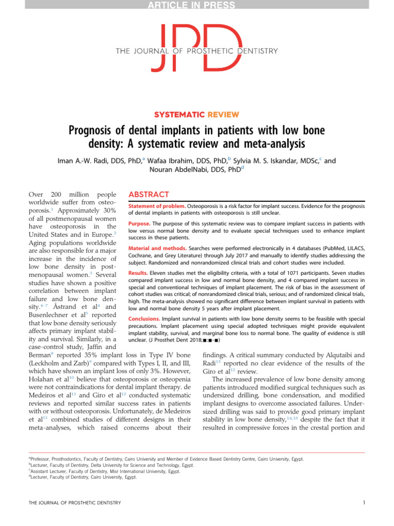 Prognosis of Dental Implants in Patients With Low Bone Density A