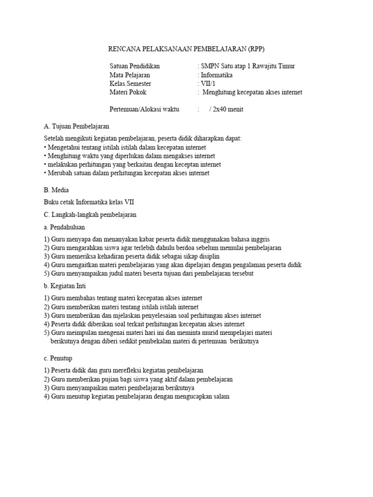 RPP Informatika: Kecepatan Akses Internet | PDF