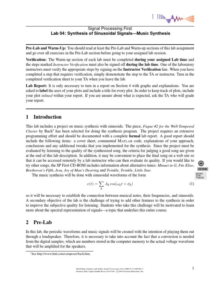 Lab 04 Synthesis of Sinusoidal SignalsMusic Synthesis Signal