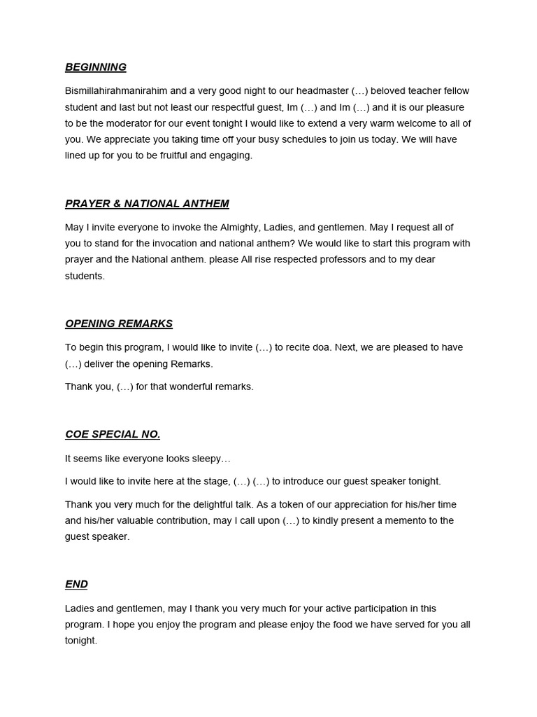 Emcee Script for Formal Event | PDF | Foreign Language Studies