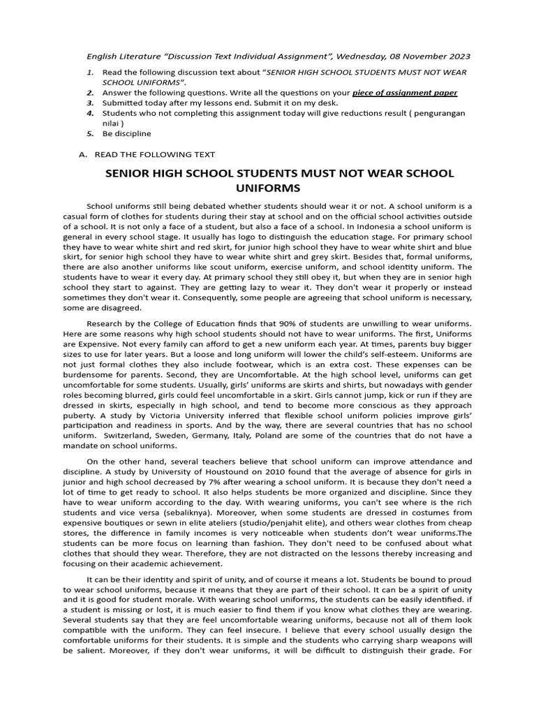 Disscussion SHS Students Mustnt Wear School Uniform PDF