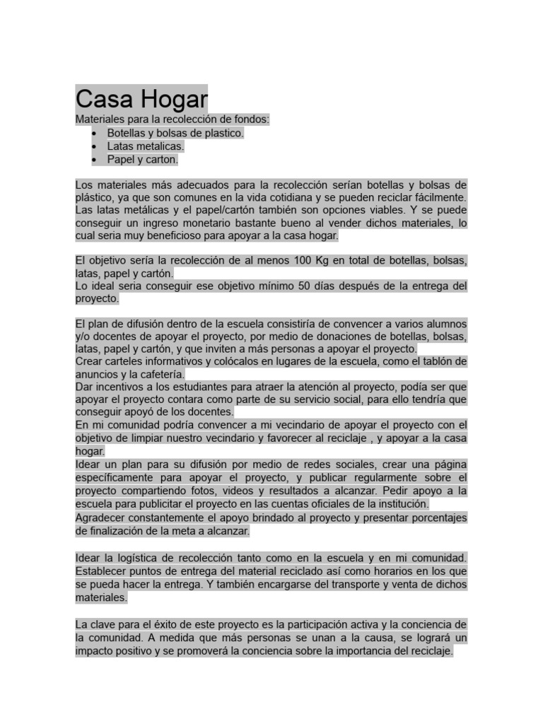 Recolección de Materiales para Casa Hogar | PDF