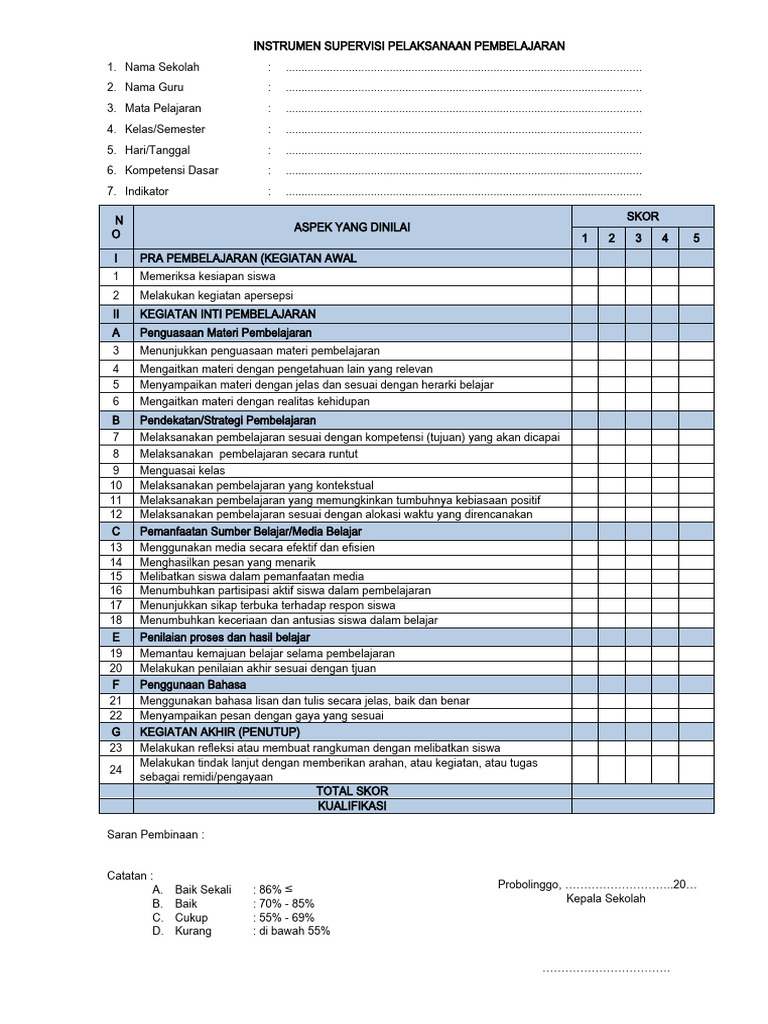 Instrumen Supervisi Pendidik Dan Tenaga Kependidikan 2019 | PDF