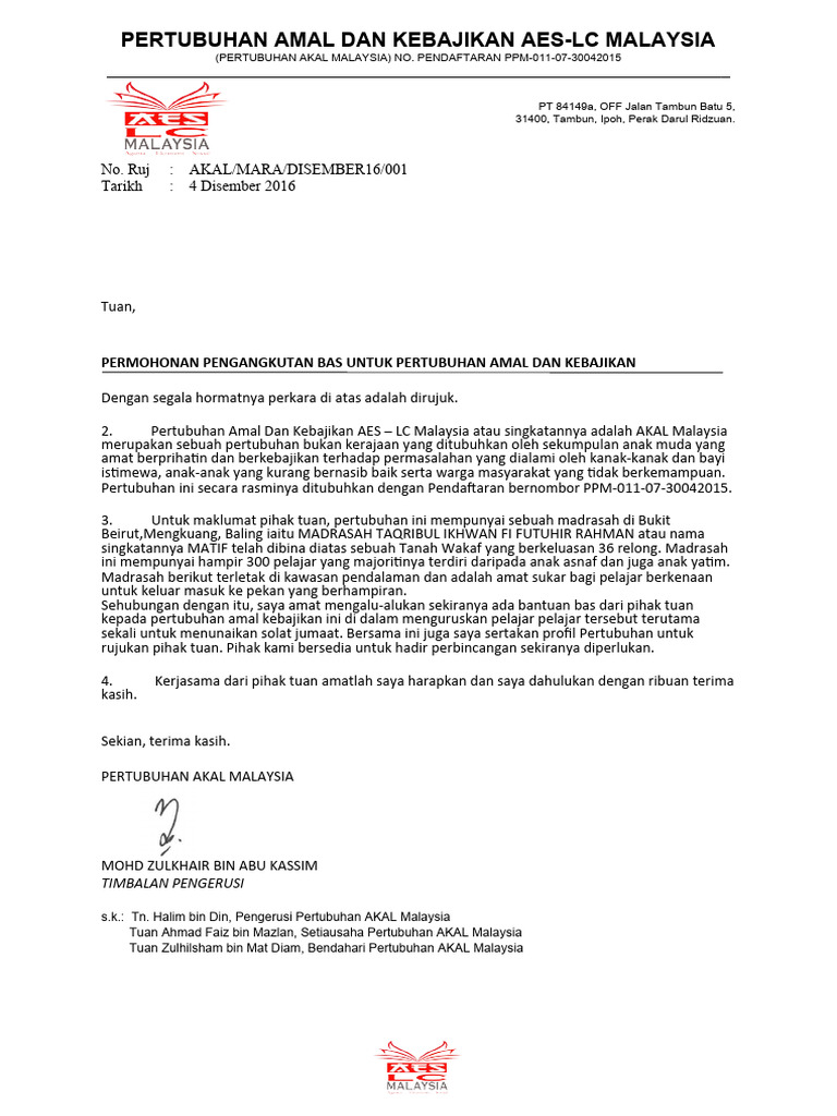 Official Letter Pertubuhan AKAL Malaysia - Permohonan Bas | PDF