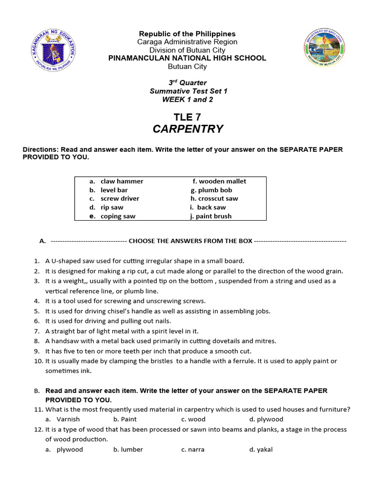 TLE 7 Carpentry Summative Test Set 1-3 | PDF | Lubricant | Silicone