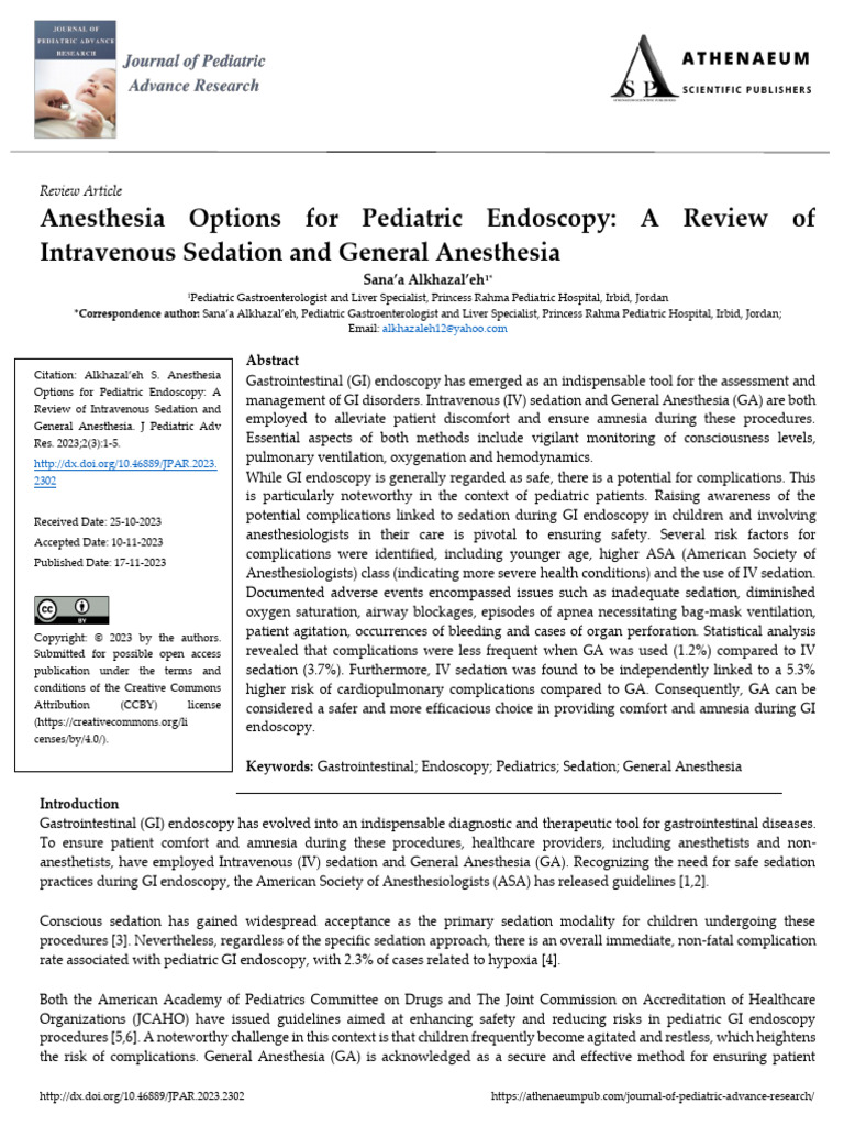 Anesthesia Options for Pediatric Endoscopy a Review of Intravenous