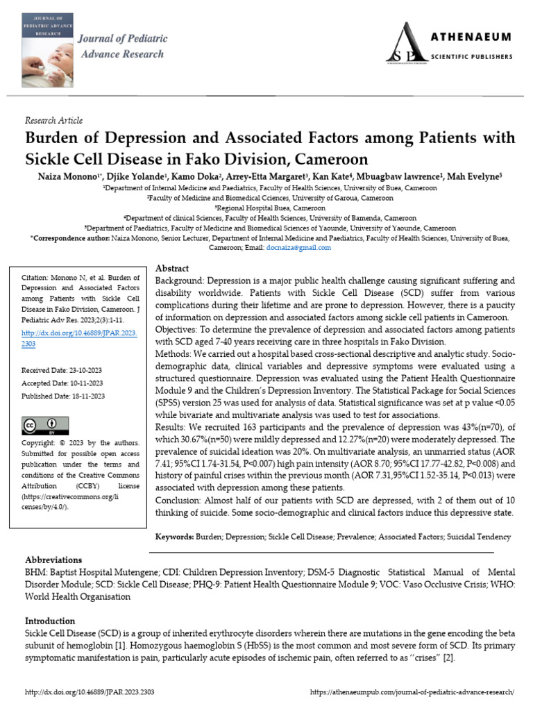 Burden of Depression and Associated Factors Among Patients With Sickle ...