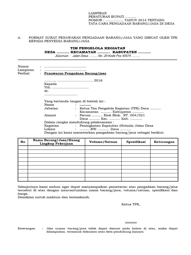 Format Surat Penawaran Pengadaan Barang Jasa Yang Dibuat Oleh TPK Desa ...