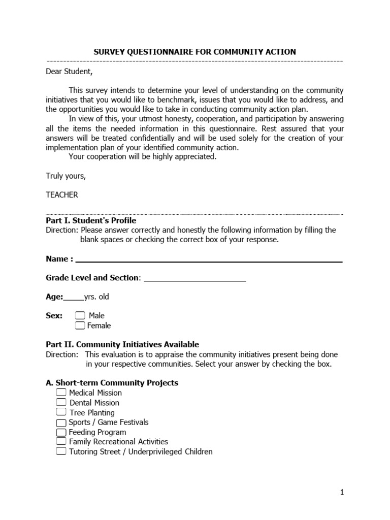 Survey Questionnaire For Community Action PDF Poverty Poverty
