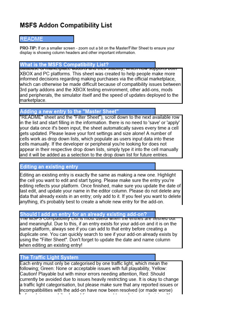 MSFS Addon Compatibility List PDF Spreadsheet Aviation